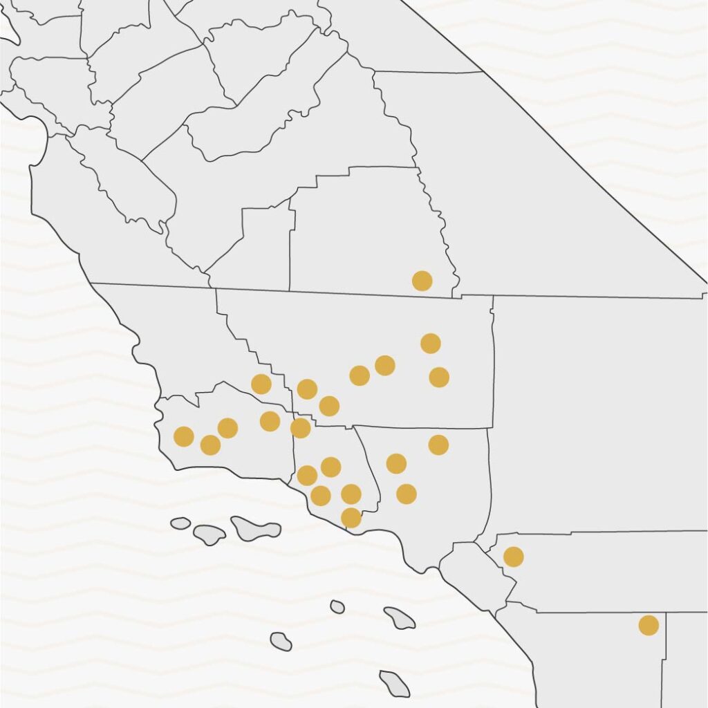 California map with every city where NCR Flooring Inc. services marked.